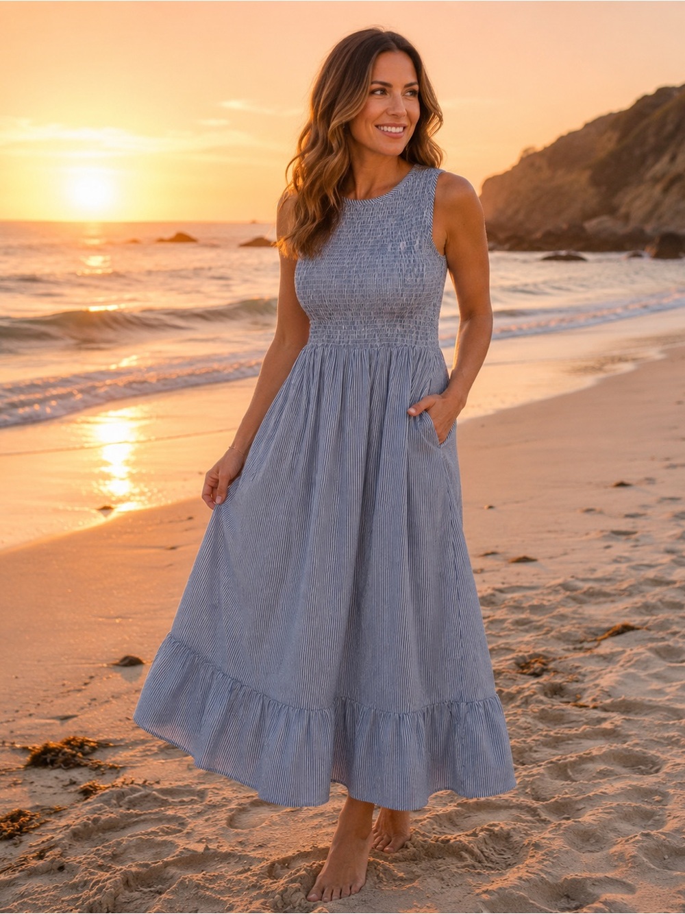 Beau & Ro The Margot Dress Navy White Stripe Small Smocked Nautical Beach‎ Flowy